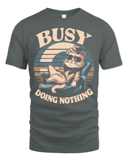 Lazy Cool Cat Busy Doing Nothing Retro Sunset Tshirt - gray t-shirt on white background