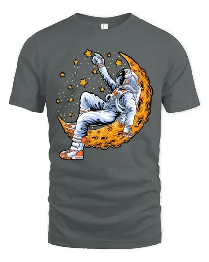 Celestial Dreamer Astronaut Reclining On Moon Graphic Tshirt - gray t-shirt on white background