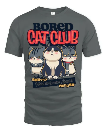 Gloomy Bored Cat Club Unimpressed Feline Graphic Tshirt - gray t-shirt on white background