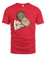 Amusing Pineapple Pizza Slice Cartoon Food Humor Tshirt - red t-shirt on white background