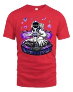Astronaut DJ Cosmic Beats Electronic Music Graphic Tee - red t-shirt on white background