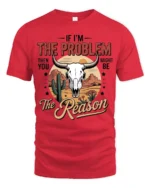 Bold Desert Bull Skull Western Slogan Graphic Tshirt - red t-shirt on white background