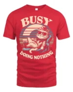 Lazy Cool Cat Busy Doing Nothing Retro Sunset Tshirt - red t-shirt on white background