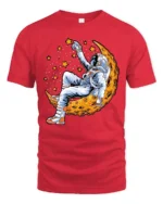 Celestial Dreamer Astronaut Reclining On Moon Graphic Tshirt - red t-shirt on white background