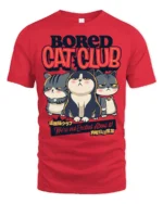 Gloomy Bored Cat Club Unimpressed Feline Graphic Tshirt - red t-shirt on white background