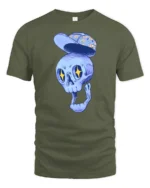 Dreamy Floating Blue Skull Floral Hat Graphic Tshirt - military green t-shirt on white background