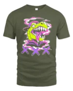Radiant Retro Dinosaur Street Art Graffiti Graphic Tshirt - military green t-shirt on white background