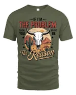 Bold Desert Bull Skull Western Slogan Graphic Tshirt - military green t-shirt on white background