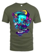 Rad Skateboarding Octopus Urban Street Style Graphic Tee - military green t-shirt on white background