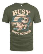Lazy Cool Cat Busy Doing Nothing Retro Sunset Tshirt - military green t-shirt on white background