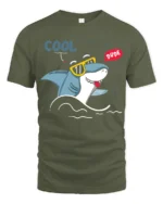 Groovy Shark Sunglasses Cool Dude Beach Vibe Graphic Tshirt - military green t-shirt on white background