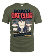Gloomy Bored Cat Club Unimpressed Feline Graphic Tshirt - military green t-shirt on white background