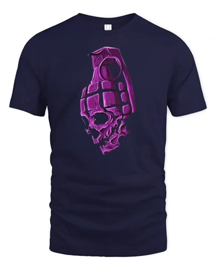 Explosive Skull Grenade Fragment Purple Bone Graphic Tshirt - navy t-shirt on white background