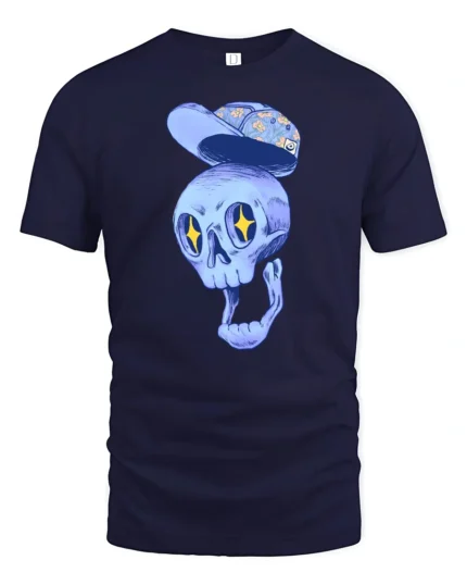 Dreamy Floating Blue Skull Floral Hat Graphic Tshirt - navy t-shirt on white background
