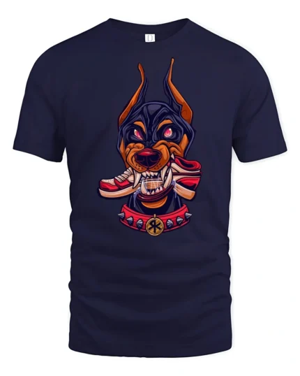 Fierce Doberman Sneakerhead Biting Shoe Urban Graphic Tshirt - navy t-shirt on white background