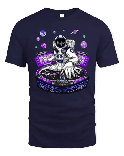 Astronaut DJ Cosmic Beats Electronic Music Graphic Tee - navy t-shirt on white background
