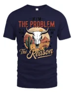Bold Desert Bull Skull Western Slogan Graphic Tshirt - navy t-shirt on white background
