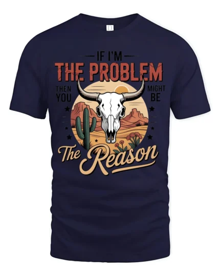 Bold Desert Bull Skull Western Slogan Graphic Tshirt - navy t-shirt on white background