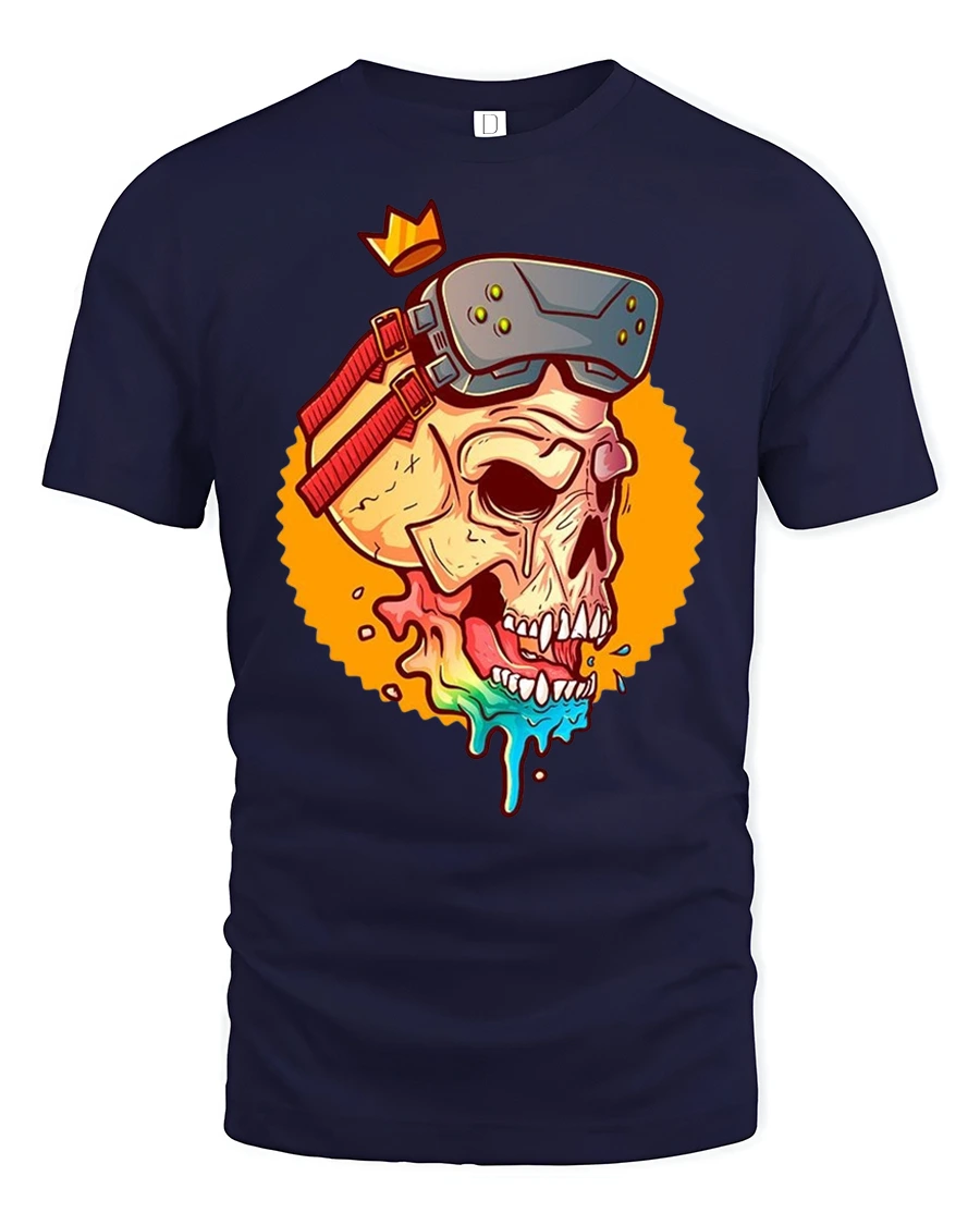 Virtual Reality King Skull Rainbow Drip Gaming Graphic Tshirt - 1 Virtual Reality King Skull Rainbow Drip Gaming Graphic Tshirt - navy t-shirt on white background