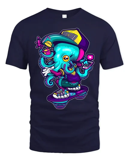 Rad Skateboarding Octopus Urban Street Style Graphic Tee - navy t-shirt on white background