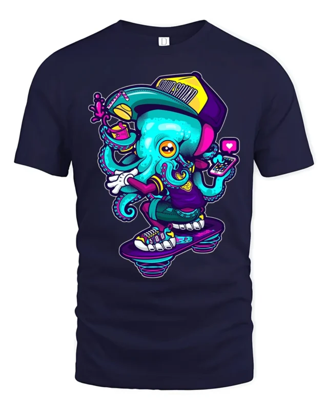 Rad Skateboarding Octopus Urban Street Style Graphic Tee - navy t-shirt on white background
