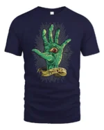 Creepy Monster Eye Palm Behold Mythical Graphic Tshirt - navy t-shirt on white background