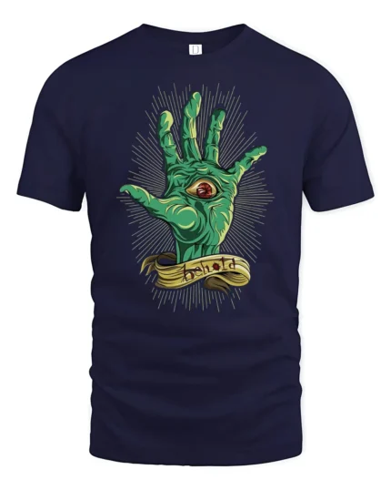 Creepy Monster Eye Palm Behold Mythical Graphic Tshirt - navy t-shirt on white background