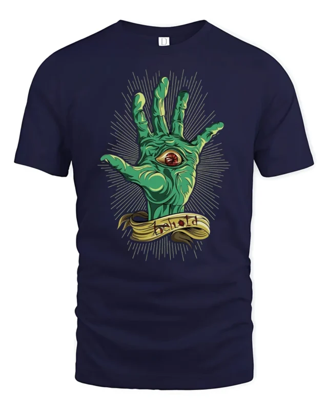 Creepy Monster Eye Palm Behold Mythical Graphic Tshirt - navy t-shirt on white background