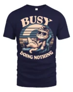 Lazy Cool Cat Busy Doing Nothing Retro Sunset Tshirt - navy t-shirt on white background