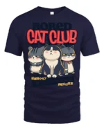Gloomy Bored Cat Club Unimpressed Feline Graphic Tshirt - navy t-shirt on white background