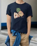 Amusing Pineapple Pizza Slice Cartoon Food Humor Tshirt - model wearing navy tee with hands in pockets