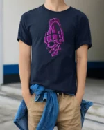 Explosive Skull Grenade Fragment Purple Bone Graphic Tshirt - model wearing navy tee with hands in pockets