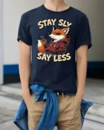 Cool Urban Fox Hoodie Stay Sly Say Less Slogan Graphic Tshirt - model wearing navy tee with hands in pockets