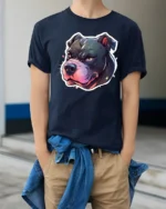 Powerful Pitbull Snarling Alpha Bully Street Art Tshirt - model wearing navy tee with hands in pockets