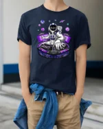 Astronaut DJ Cosmic Beats Electronic Music Graphic Tee - model wearing navy tee with hands in pockets