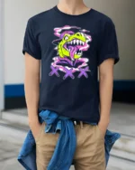 Radiant Retro Dinosaur Street Art Graffiti Graphic Tshirt - model wearing navy tee with hands in pockets