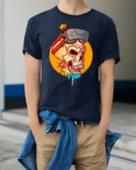 Virtual Reality King Skull Rainbow Drip Gaming Graphic Tshirt - model wearing navy tee with hands in pockets