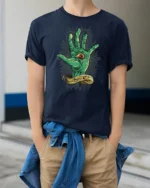Creepy Monster Eye Palm Behold Mythical Graphic Tshirt - model wearing navy tee with hands in pockets