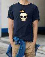 Regal Golden Crown Skull King Royal Urban Graphic Tshirt - model wearing navy tee with hands in pockets