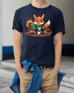 Cozy Reading Fox Campfire Fuel Coffee First Graphic Tshirt - model wearing navy tee with hands in pockets