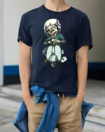 Vintage Scooter Skull Rider Retro Mod Style Graphic Tee - model wearing navy tee with hands in pockets