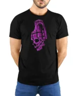 Explosive Skull Grenade Fragment Purple Bone Graphic Tshirt - model wearing black tee with hands behind back