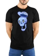 Dreamy Floating Blue Skull Floral Hat Graphic Tshirt - model wearing black tee with hands behind back