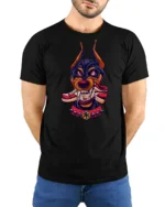 Fierce Doberman Sneakerhead Biting Shoe Urban Graphic Tshirt - model wearing black tee with hands behind back
