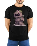 Nature Guardian Wood Golem Pink Flower Graphic Tshirt - model wearing black tee with hands behind back
