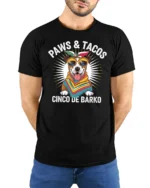 Festive Paws And Tacos Cinco De Barko Dog Graphic Tshirt - model wearing black tee with hands behind back