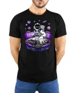 Astronaut DJ Cosmic Beats Electronic Music Graphic Tee - model wearing black tee with hands behind back