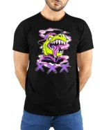 Radiant Retro Dinosaur Street Art Graffiti Graphic Tshirt - model wearing black tee with hands behind back