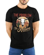 Bold Desert Bull Skull Western Slogan Graphic Tshirt - model wearing black tee with hands behind back