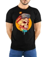 Virtual Reality King Skull Rainbow Drip Gaming Graphic Tshirt - model wearing black tee with hands behind back